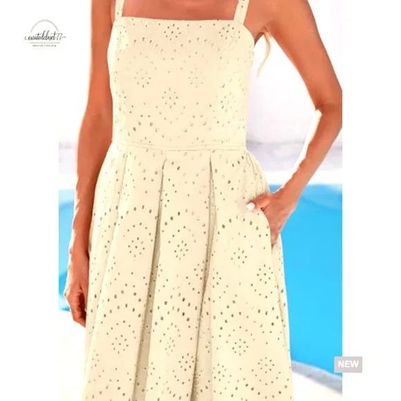 Sleeveless Maxi Dress with Eyelet Hollow Out Square Neck Ruffle Beach - Picture 5 of 7